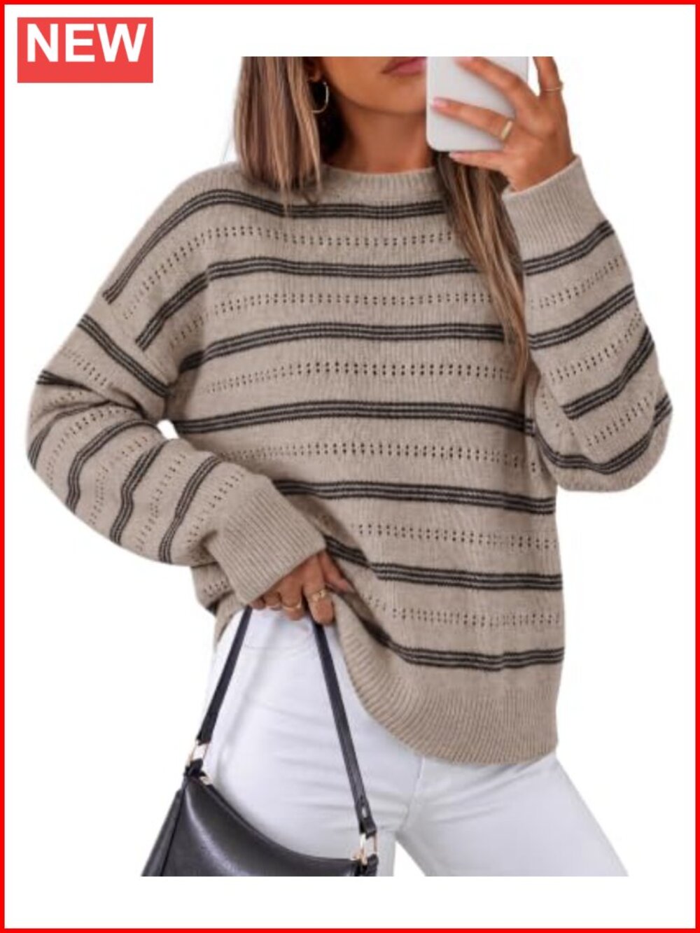 Crew Neck Long Sleeve Striped Pullover Sweater Knit Loose Fit